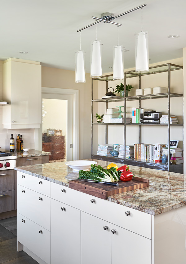 midcentury modern kitchen with kitchen island interior design by Linda Mazur